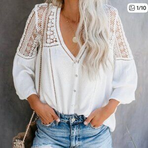 Boutique Bohemian White Crochet Lace 3/4 Sleeve V-Neck Top Blouse Size S